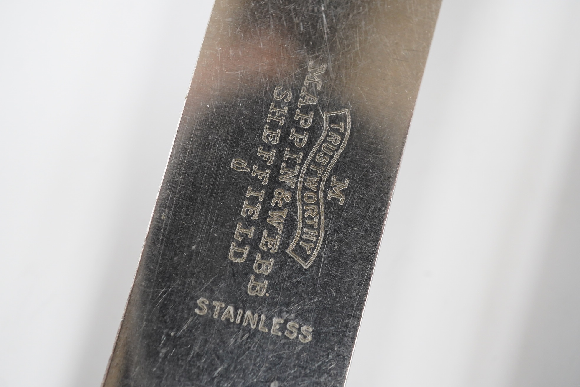 A set of twelve George V silver handled table knives and twelve matching dessert knives, Mappin & Webb, Sheffield, 1926, eight other silver handled dessert knives and a silver handled carving knife. Condition - poor to f